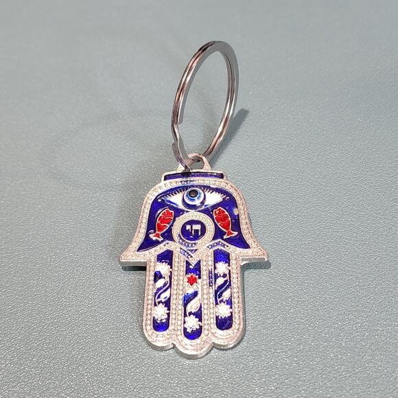 Silver Tone Blue Evil Eye Hamsa Hand of Fatima Keychain - Picture 4 of 4